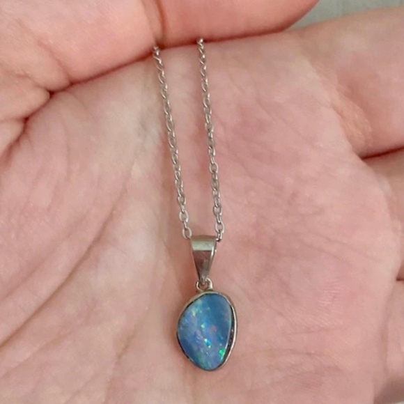 Australian Fire Opal Necklace Doublet Pendant Stainless Steel Lightning Ridge - Picture 3 of 6